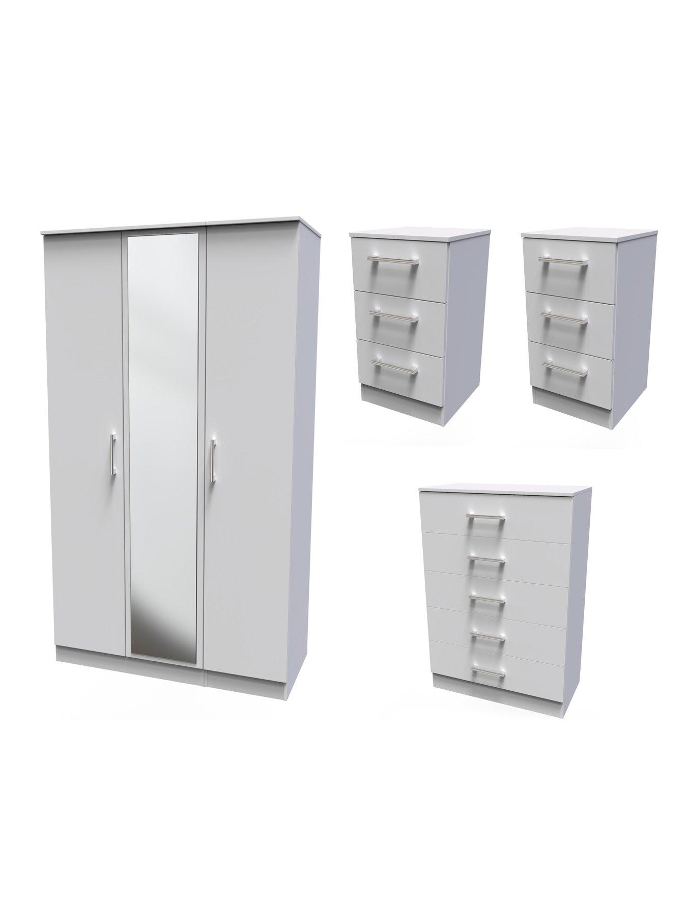 undefined Halton Part Assembled 4 Piece Package - 3 Door Mirrored Wardrobe, 5 Drawer Chest and 2 Bedside Chests - FSC® Certified