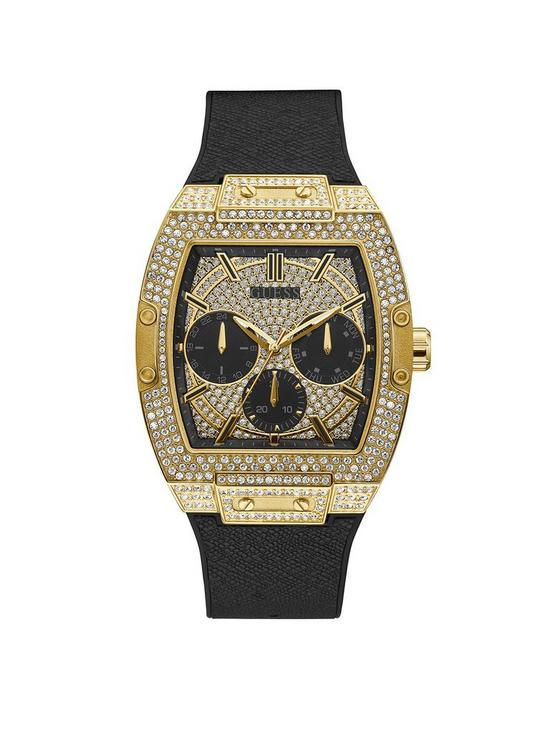 front image of guess-phoenix-gold-and-black-glitz-dial-mens-silicone-strap-watch