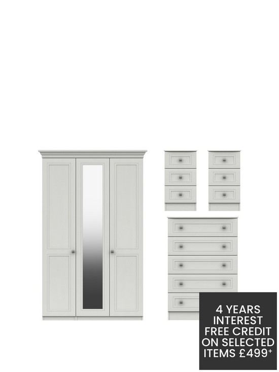 front image of harris-4-piece-part-assembled-package-3-door-mirrored-wardrobe-5-drawer-chest-and-2-bedside-chests