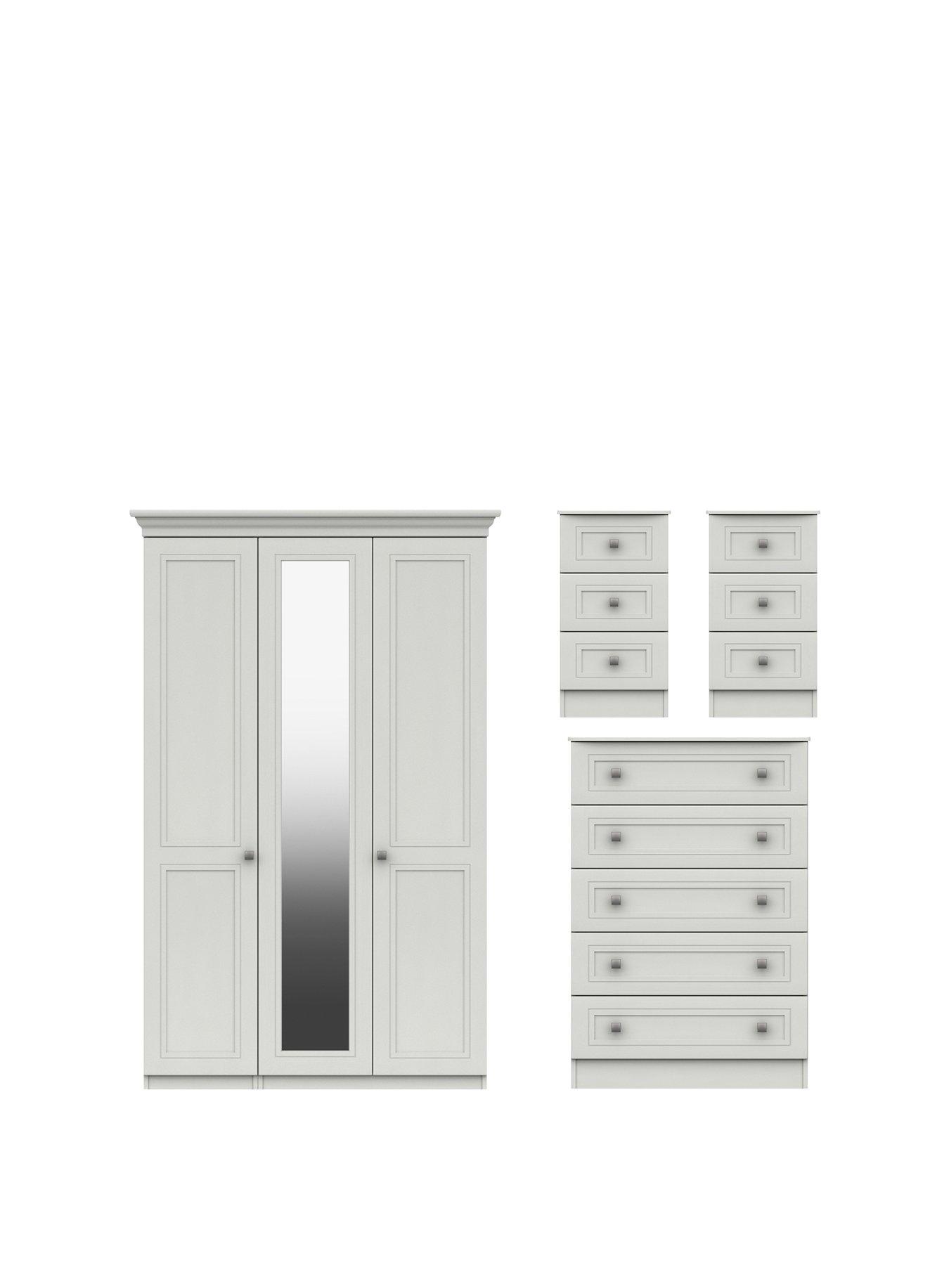 One Call Harris 4 Piece Part Assembled Package 3 Door Mirrored Wardrobe, 5 Drawer Chest and 2 Bedside Chests