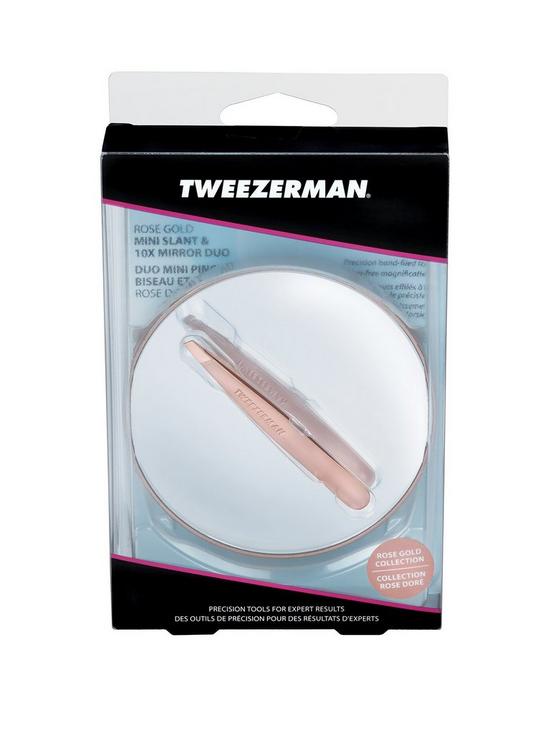 stillFront image of tweezerman-rose-gold-mini-slant-tweezer-with-10x-mirror