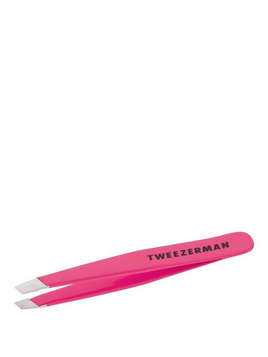 front image of tweezerman-mini-slant-tweezer-neon-pink