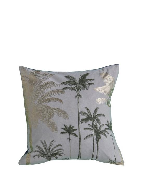 front image of gallery-palm-trees-metallic-cushion--nbspgrey