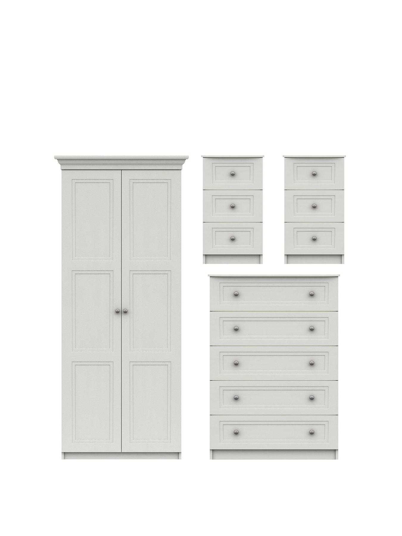 One Call Reid 4 Piece Ready Assembled Package - 2 Door Wardrobe, 5 Drawer Chest and 2 Bedside Cabinets