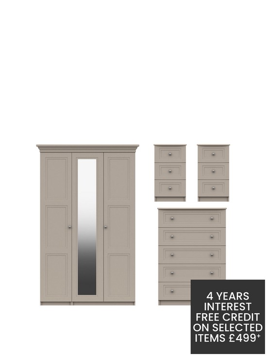 front image of reid-4-piecenbsppart-assemblednbsppackage-3-door-mirrored-wardrobe-5-drawer-chest-and-2-bedside-cabinets