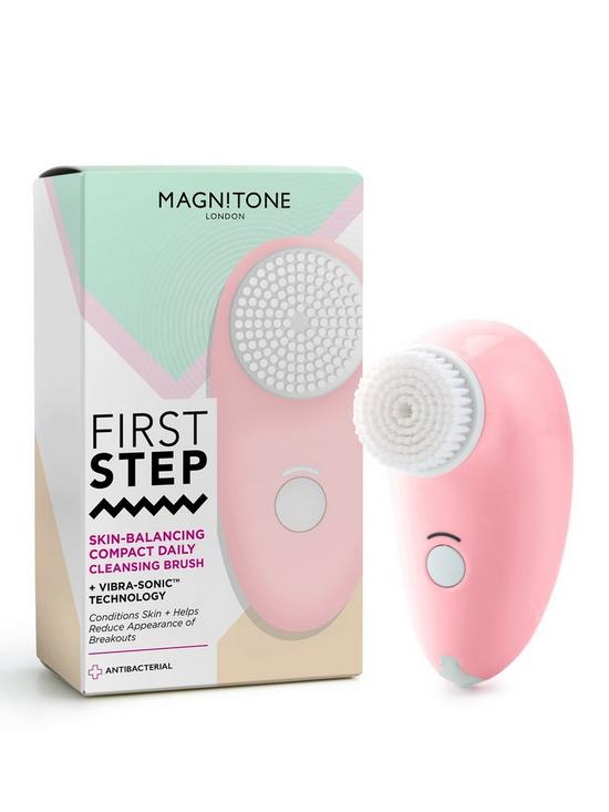 front image of magnitone-first-step-skin-balancing-compact-skin-cleansing-brush-pink