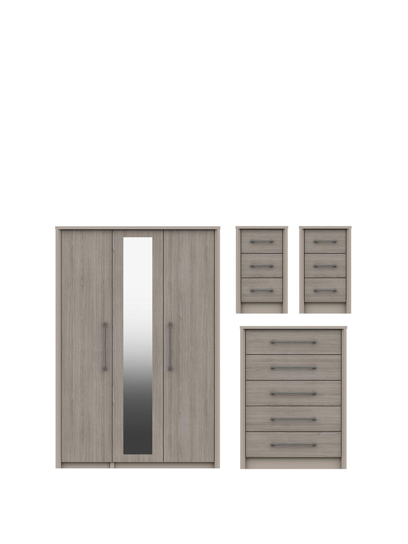 One Call Smyth Part Assembled 4 Piece Package - 3 Door Mirrored Wardrobe, 5 Drawer Chest and 2 Bedside Chests
