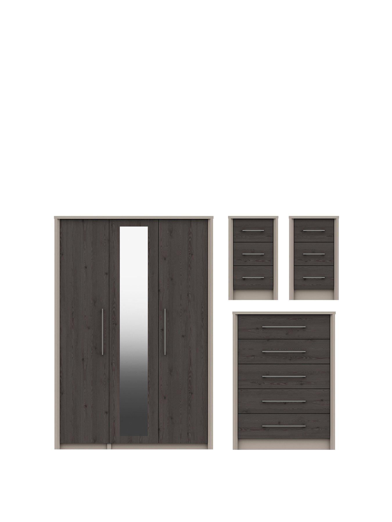 One Call Smyth Part Assembled 3 Piece Package - 3 Door Mirrored Wardrobe, 5 Drawer Chest and 2 Bedside Chests
