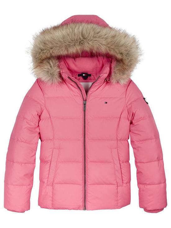 front image of tommy-hilfiger-girls-essential-faux-fur-hooded-jacket