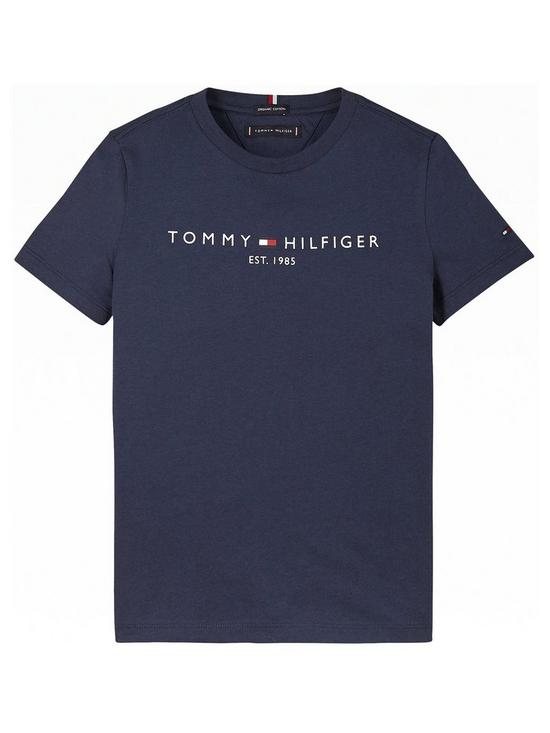front image of tommy-hilfiger-boys-short-sleeve-essential-logo-t-shirt-navy