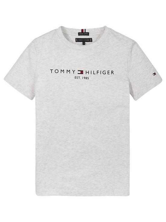 front image of tommy-hilfiger-boys-short-sleeve-essential-logo-t-shirt-grey
