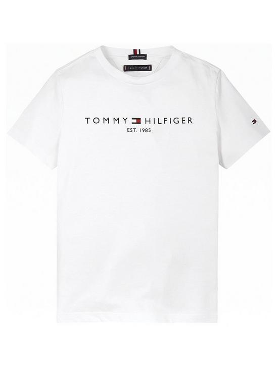 front image of tommy-hilfiger-boys-short-sleeve-essential-logo-t-shirt-white