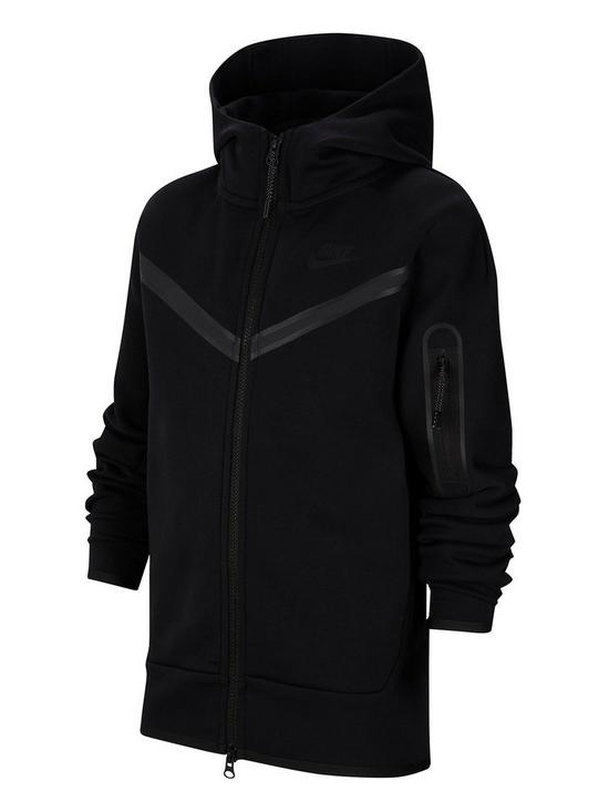 front image of nike-older-boys-tech-fleece-full-zip-hoodie-black