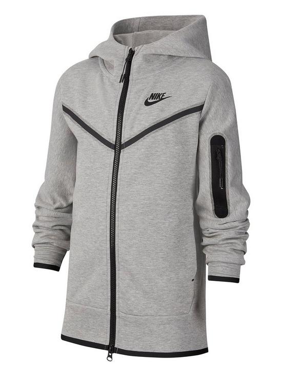 front image of nike-older-boys-tech-fleece-full-zip-hoodie-grey-black
