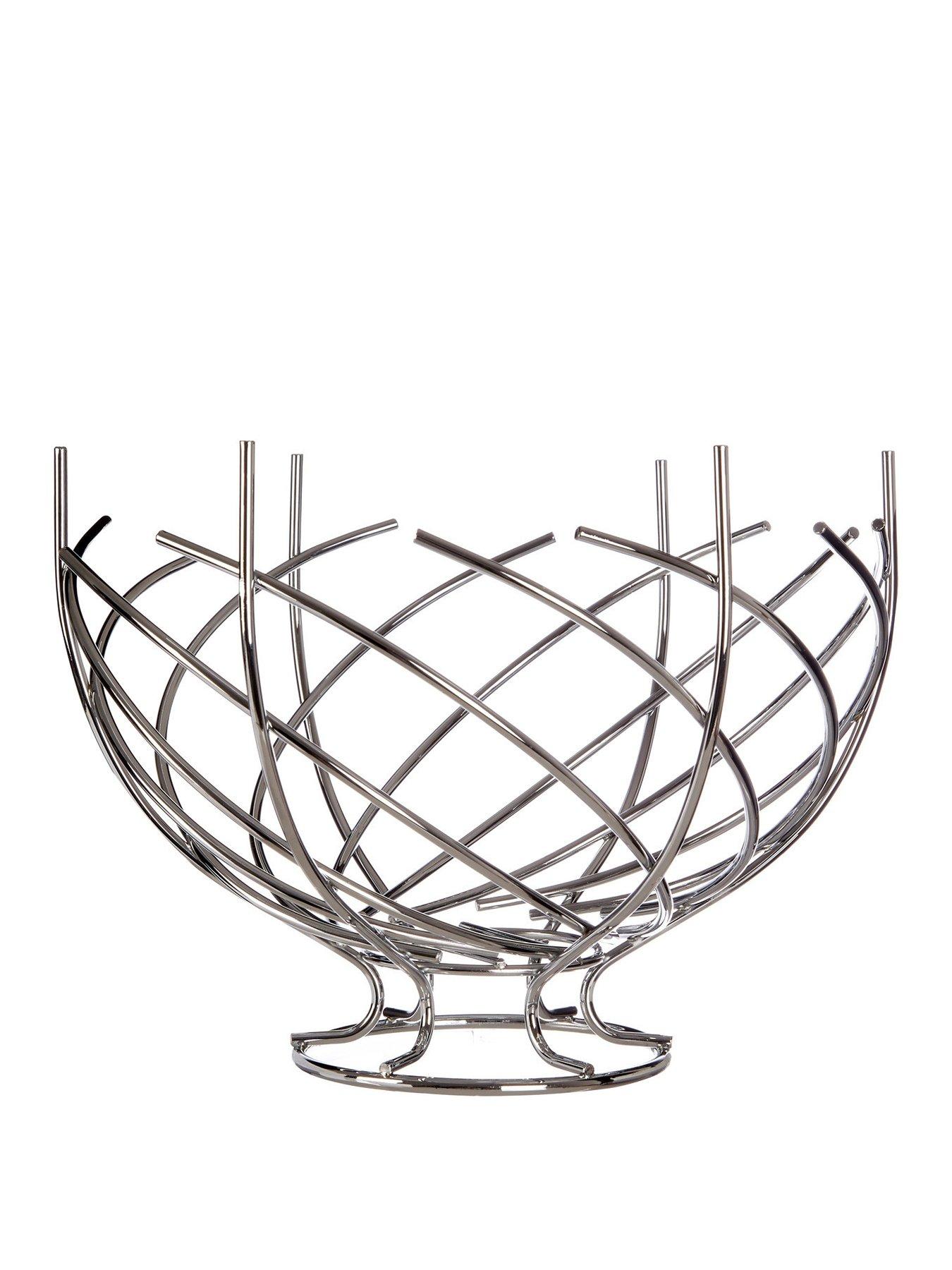 Premier Housewares Round Chrome Wire Fruit Bowl with Rubber Wood Base