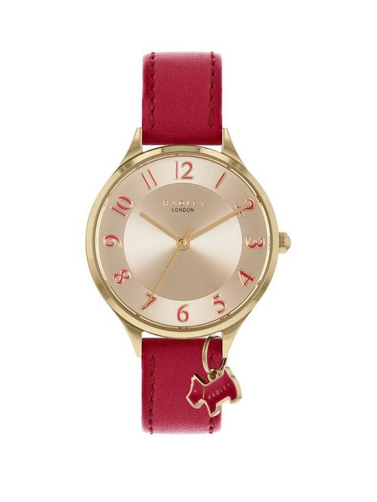 front image of radley-ry2968-gold-and-red-detail-charm-dial-red-leather-strap-ladies-watch