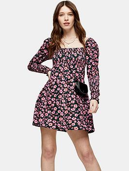 Topshop Topshop Floral Long Sleeve Shirred Waist Mini Dress - Multi Picture