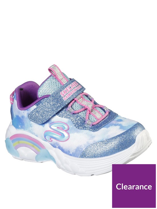 front image of skechers-girls-rainbow-racer-lighted-rainbow-gore-andnbspstrap-cloud-print-trainer-blue