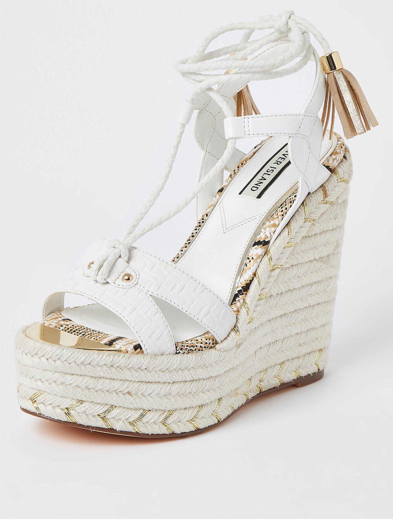 white tie up wedges