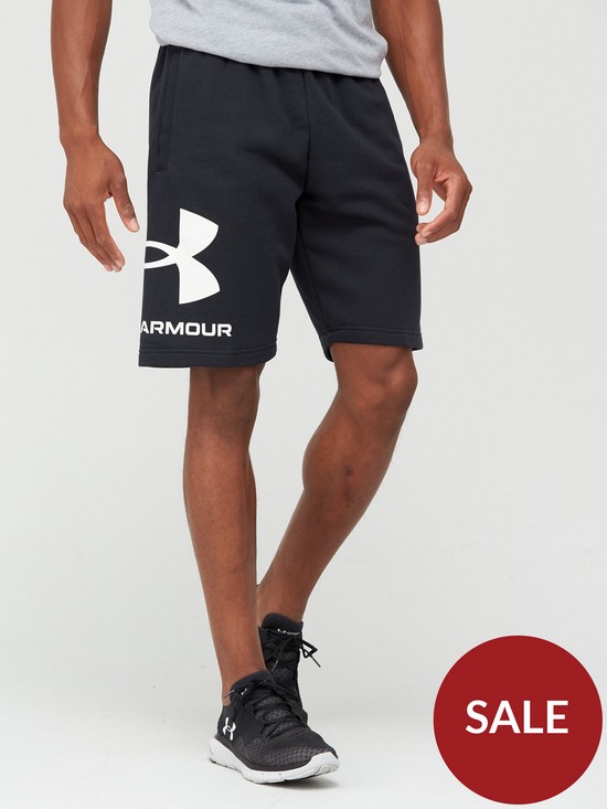 front image of under-armour-rival-big-logo-shorts-blackwhite