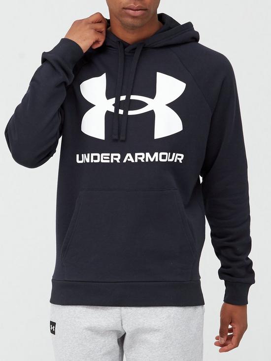 front image of under-armour-rival-fleece-big-logo-hoodie-black