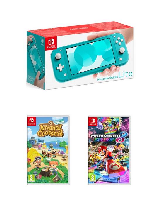 front image of nintendo-switch-lite-console-with-animal-crossing-new-horizon-amp-mario-kart-8-deluxe