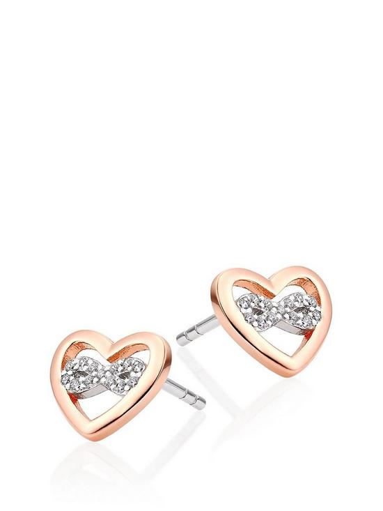 front image of beaverbrooks-silver-rose-gold-plated-cubic-zirconia-infinity-heart-earrings