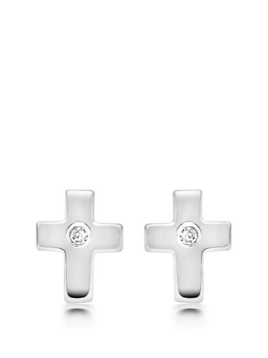 front image of beaverbrooks-mini-b-childrens-silver-diamond-cross-earrings