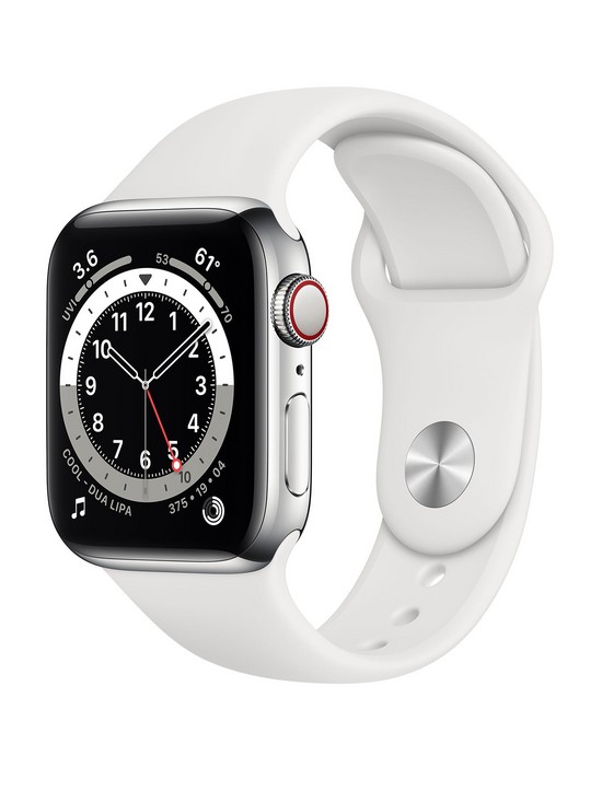 front image of apple-watch-series-6-gps-cellular-40mm-silver-stainless-steel-case-with-white-sport-band