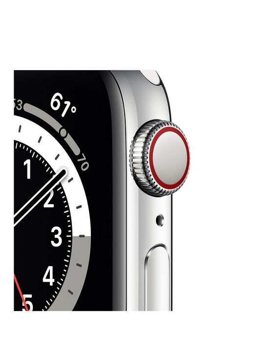 stillFront image of apple-watch-series-6-gps-cellular-40mm-silver-stainless-steel-case-with-white-sport-band