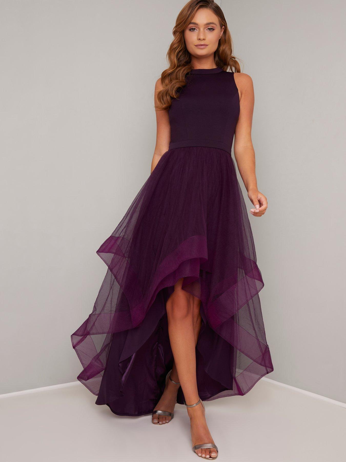 berry layered split front maxi dress