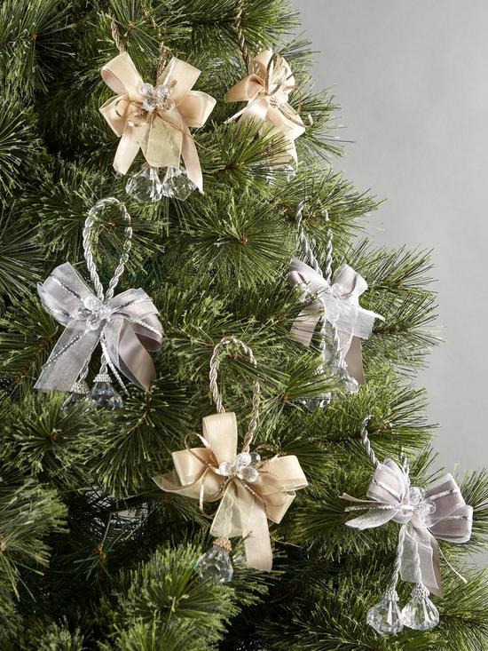 front image of set-6-bow-and-jewel-drop-christmas-tree-decorations--nbspchampagnesilver