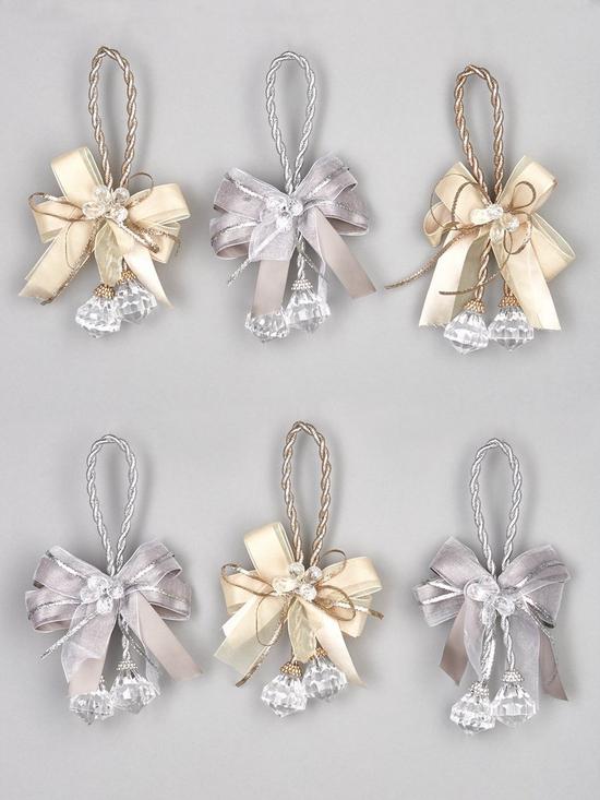 stillFront image of set-6-bow-and-jewel-drop-christmas-tree-decorations--nbspchampagnesilver