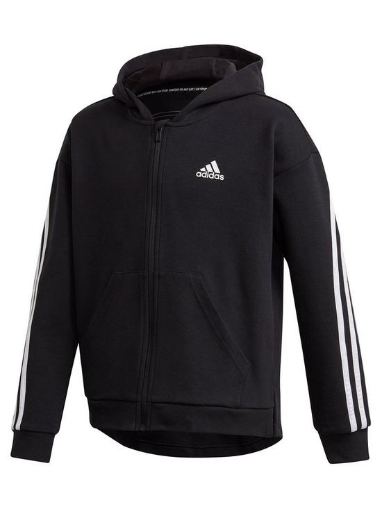 front image of adidas-girls-3-stripes-full-zip-hoodie-black
