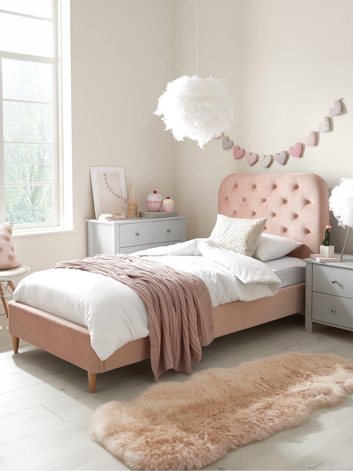Very Home Freya Velvet Fabric Single Kids Bed Frame and Headboard with Mattress Options (Buy  &  SAVE!) - Pink - FSC® Certified