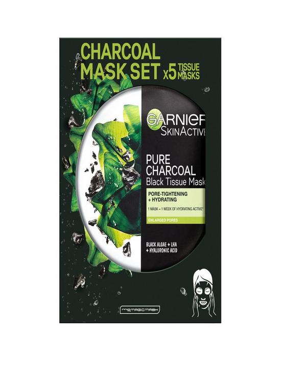 front image of garnier-charcoal-and-algae-purifying-and-hydrating-face-sheet-mask-for-enlarged-pores-5-pack