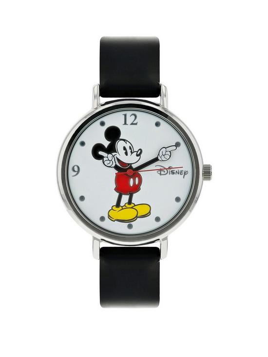 front image of disney-mickey-mouse-hand-mover-dial-black-leather-strap-watch