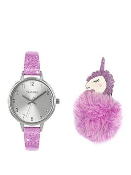 tikkers-tikkers-silver-dial-pink-glitter-strap-and-unicorn-pompom-kids-gift-set