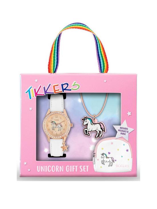 front image of tikkers-gold-unicorn-dial-white-leather-strap-watch-with-purse-and-necklace-kids-gift-set