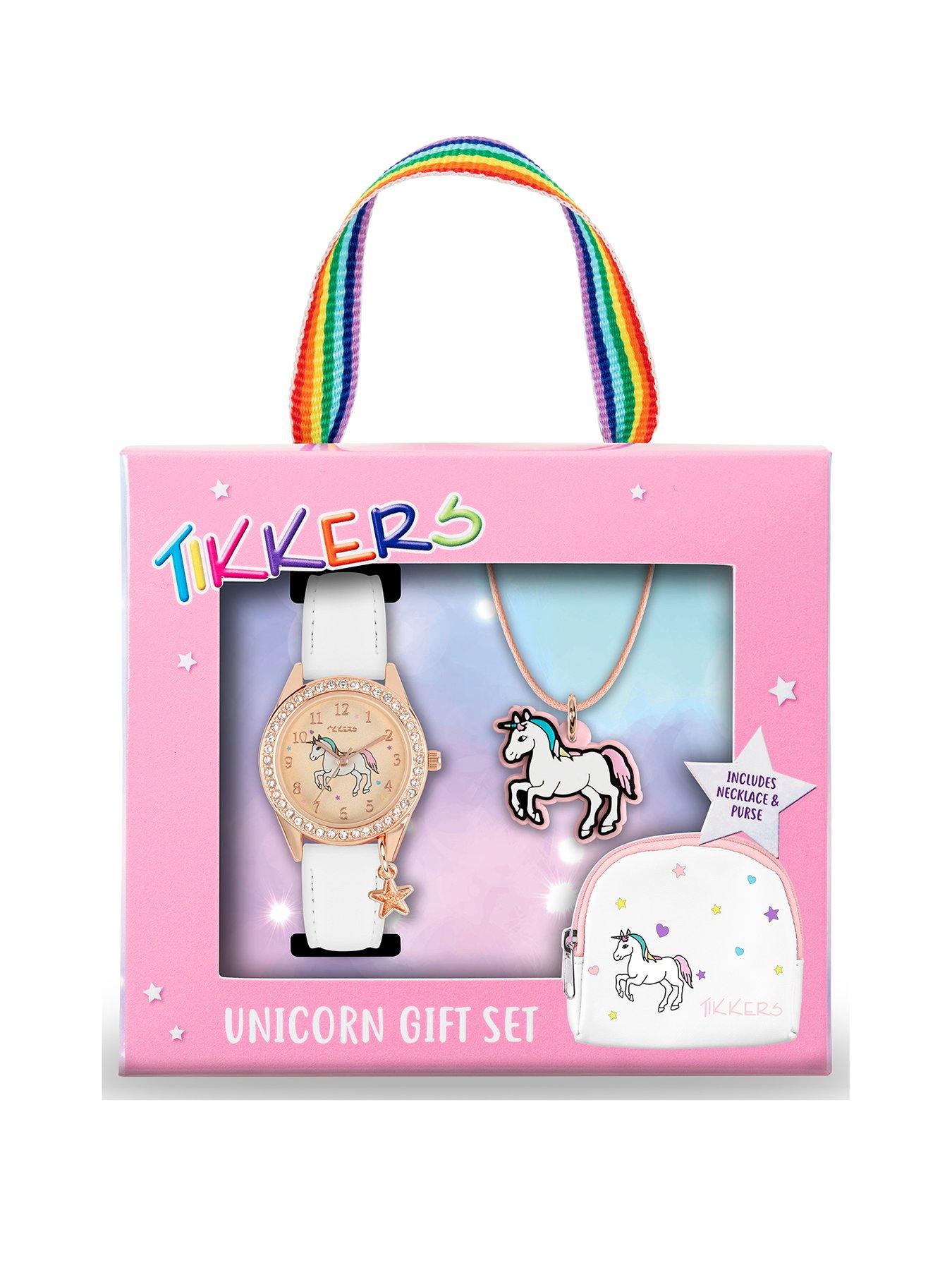 undefined Gold Unicorn Dial White Leather Strap Watch with Purse and Necklace Kids Gift Set