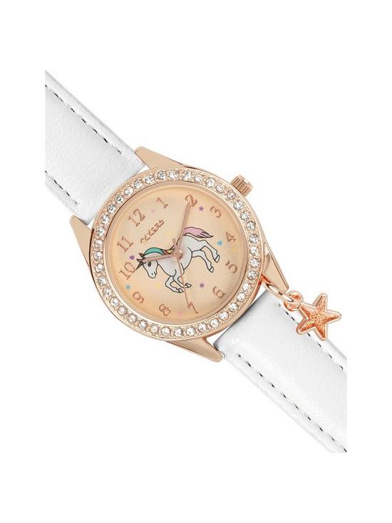 stillFront image of tikkers-gold-unicorn-dial-white-leather-strap-watch-with-purse-and-necklace-kids-gift-set