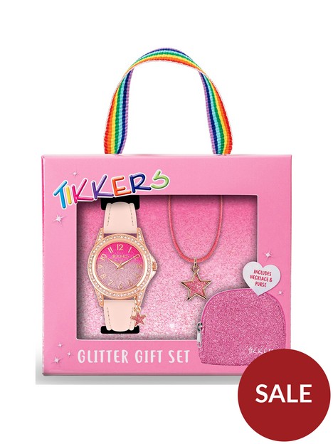 tikkers-pink-glitter-dial-pink-leather-strap-watch-with-purse-and-necklace-kids-gift-set