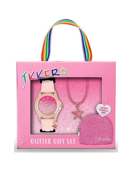 front image of tikkers-pink-glitter-dial-pink-leather-strap-watch-with-purse-and-necklace-kids-gift-set
