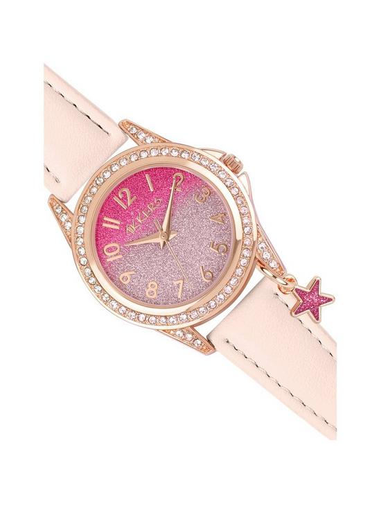 stillFront image of tikkers-pink-glitter-dial-pink-leather-strap-watch-with-purse-and-necklace-kids-gift-set