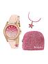  image of tikkers-pink-glitter-dial-pink-leather-strap-watch-with-purse-and-necklace-kids-gift-set