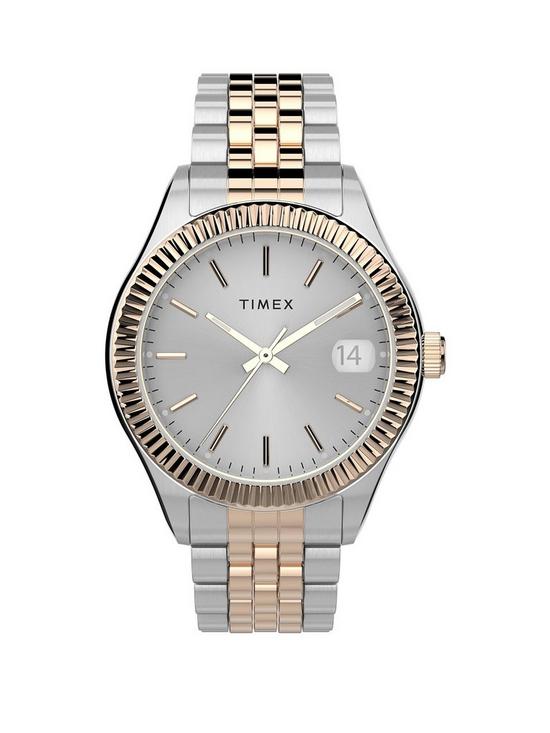front image of timex-waterbury-silver-and-gold-detail-date-dial-two-tone-stainless-steel-bracelet-ladies-watch
