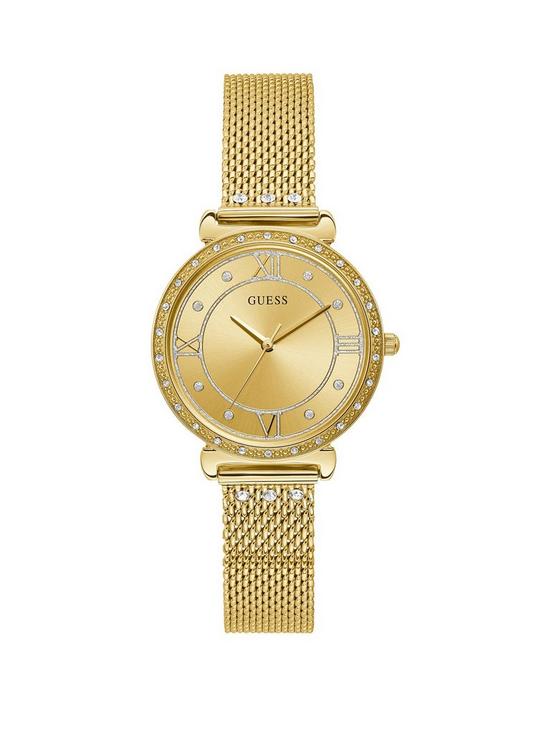 front image of guess-jewel-gold-sunray-dial-gold-stainless-steel-bracelet-ladies-watch