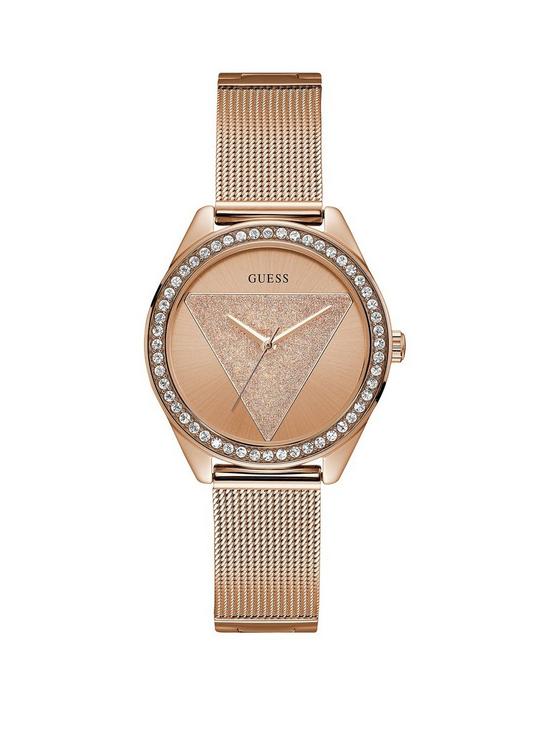 front image of guess-tri-glitz-rose-gold-crystal-set-dial-stainless-steel-mesh-strap-ladies-watch