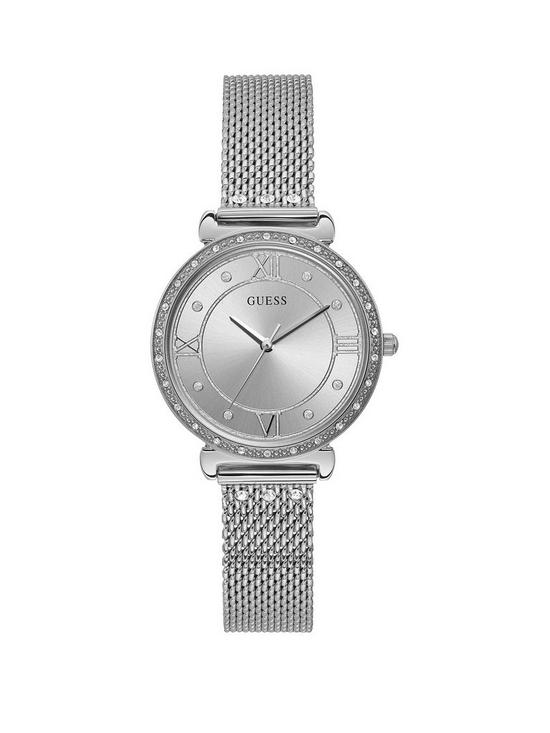 front image of guess-jewel-silver-sunray-dial-stainless-steel-bracelet-ladies-watch