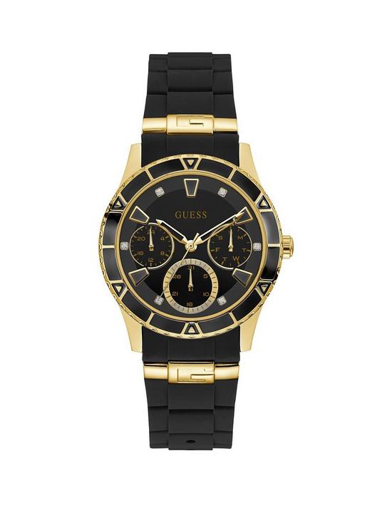 front image of guess-valencia-black-and-gold-detail-multi-dial-black-silicone-strap-watch